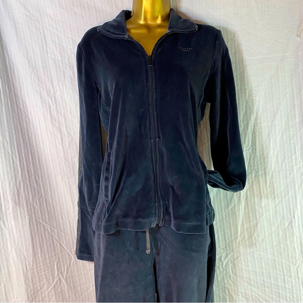 Calvin Klein Sz L Black Vintage Velour Tracksuit Satin Trim Zip Jacket Jogger